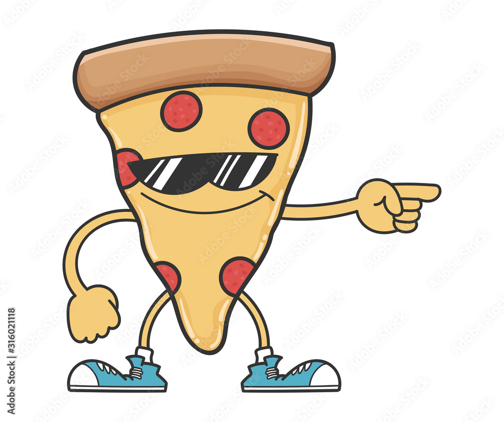pizza slice cartoon character with sunglasses pointing pizza slice cartoon character with sunglasses pointing