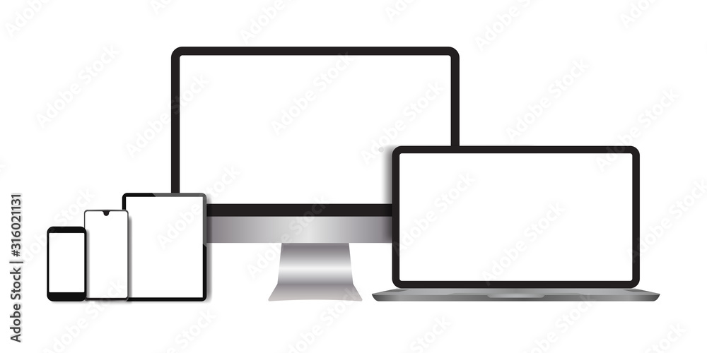 Realistic computers, laptops, tablets, smartphone monitors with a white background Realistic computers, laptops, tablets, smartphone monitors with a white background