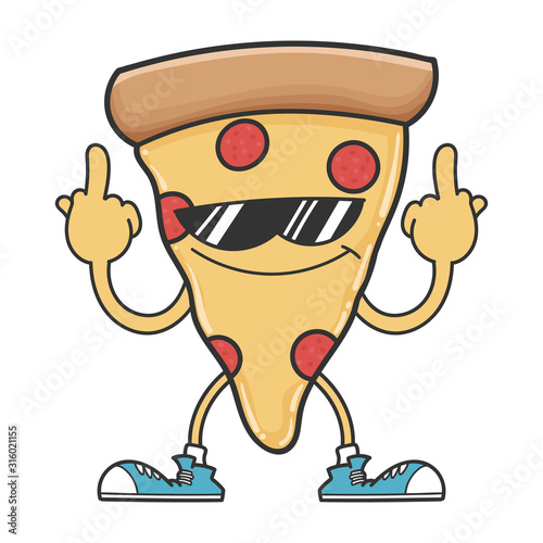 pizza slice with sunglasses giving the middle fingers