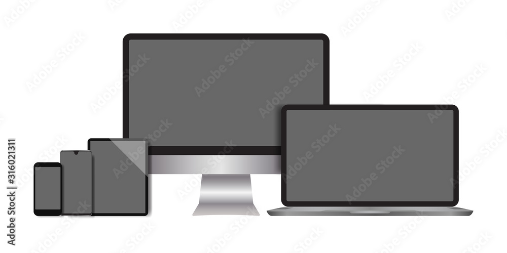 Realistic computers, laptops, tablets, smartphone monitors with a white background