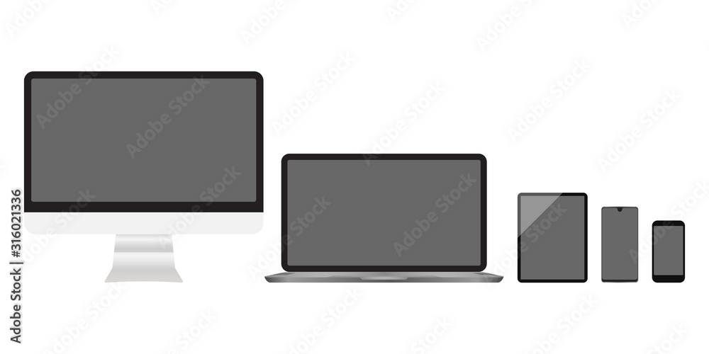 Realistic computers, laptops, tablets, smartphone monitors with a white background Realistic computers, laptops, tablets, smartphone monitors with a white background
