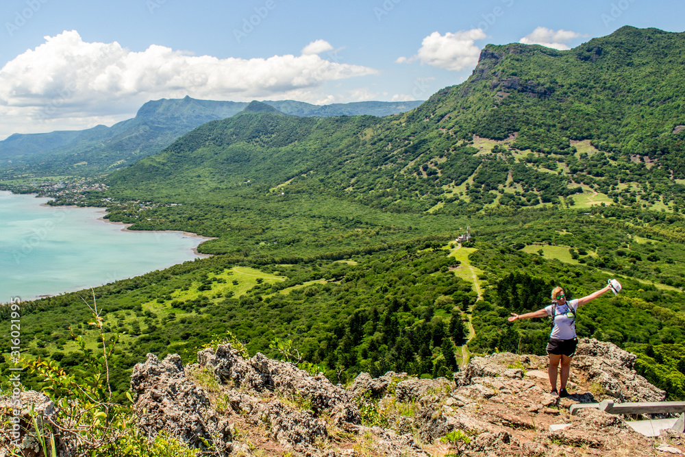 View from Le Morne Brabant mountain to west coast of Mauritius tropical island