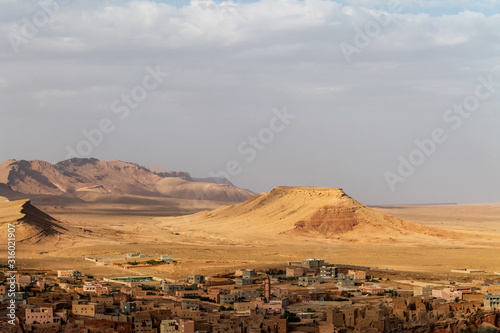 Panoramic view on the oasis of Tinghir in the Dades valley near the Tondra River in southern Morocco.