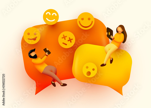 Small people flying around chat bubbles and emoji signs. Talking couple. Online messenger concept.