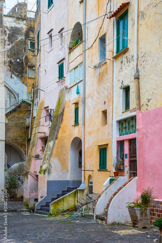 Procida  Italy  - Colored walls of houses in Procida  a little island in Campania  southern Italy