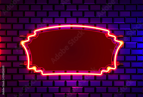 Neon frame on a brick colored wall. template design element.
