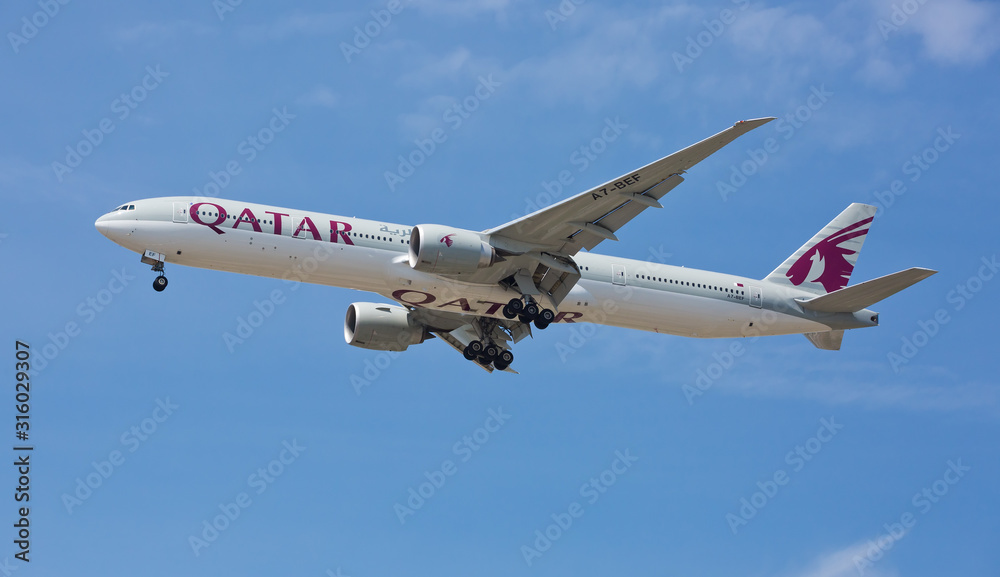 Chicago, USA May 30, 2018 A Boeing 777300ER aircraft of Qatar