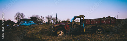 Photography Rusty wrecked car, vintage style,  background