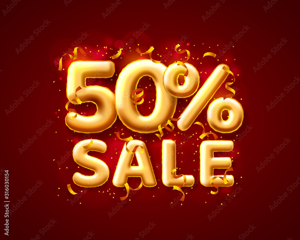 Sale 50 off ballon number on the red background.