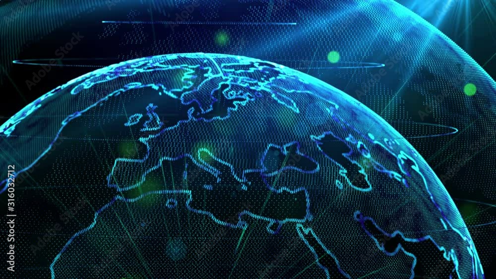 Digital blue planet of Earth. Rotating globe with shining continents. 3D animation with digital Earth and particles. Abstract global business concept.