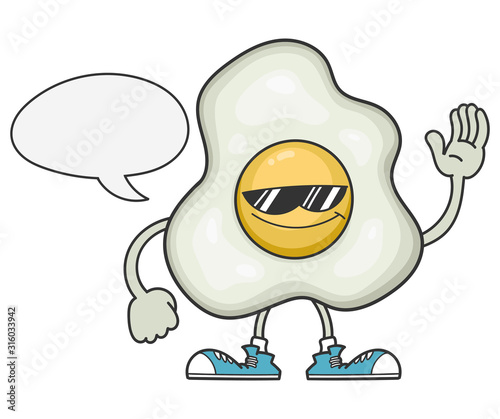 fried egg cartoon with sunglasses and speech bubble