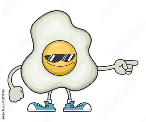 fried egg cartoon character with sunglasses pointing