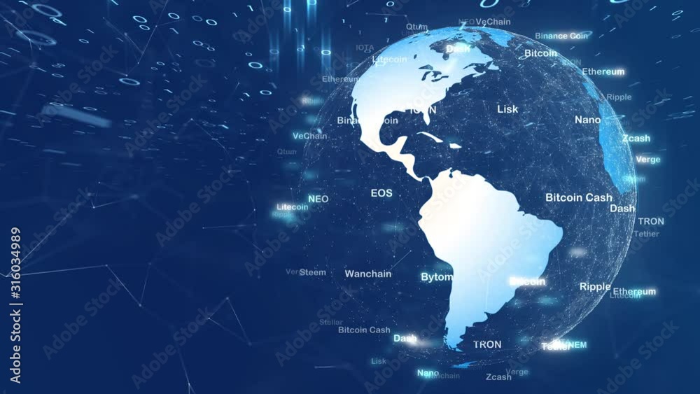 Digital computer network with Earth globe rotation and cryptocurrency word cloud sphere animation.