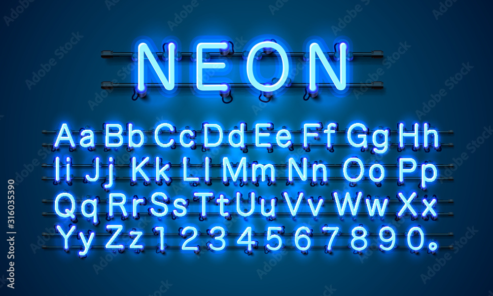 Neon city color blue font. English alphabet and numbers sign. Neon city color blue font. English alphabet and numbers sign.