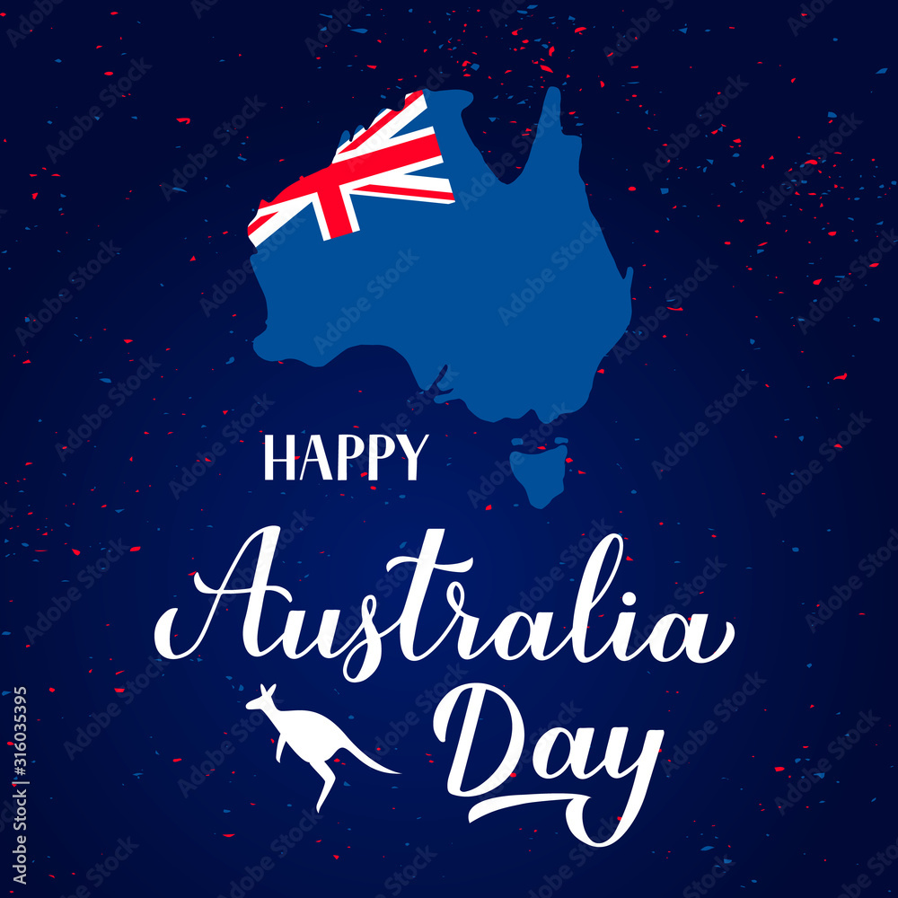 Φωτογραφία Happy Australia day calligraphy hand lettering with and silhouette of a kangaroo, Australian map and flag
