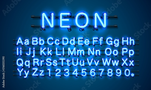 Neon city color blue font. English alphabet and numbers sign.