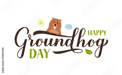 Happy Groundhog Day calligraphy hand lettering with cute cartoon groundhog isolated on white. Easy to edit vector template for greeting card, typography poster, banner, flyer, sticker, etc.