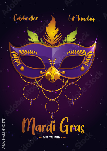 Mardi Gras, Carnival Party with Purple Feather Mask, gretting card banner, poster, template, Flyer & brochure On background sparkling stars, vector illustration, EPS10.