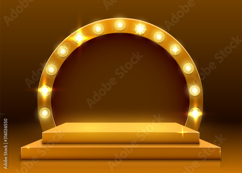 Stage podium with lighting, Stage Podium Scene with for Award Ceremony on yellow Background.