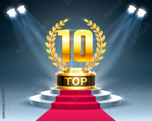 Top 10 best podium award sign, golden object.