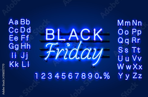 Neon Black Friday text banner. Night Sign board.
