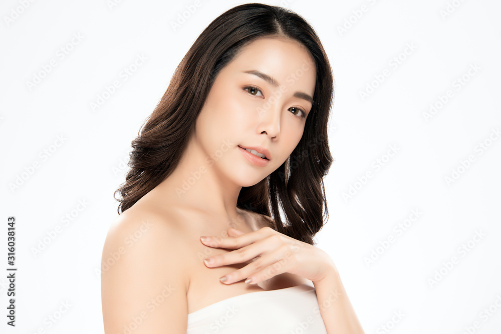 Portrait beautiful young asian woman clean fresh bare skin concept. Asian girl beauty face skincare and health wellness, Facial treatment, Perfect skin, Natural make up, on white background Portrait beautiful young asian woman clean fresh bare skin concept. Asian girl beauty face skincare and health wellness, Facial treatment, Perfect skin, Natural make up, on white background