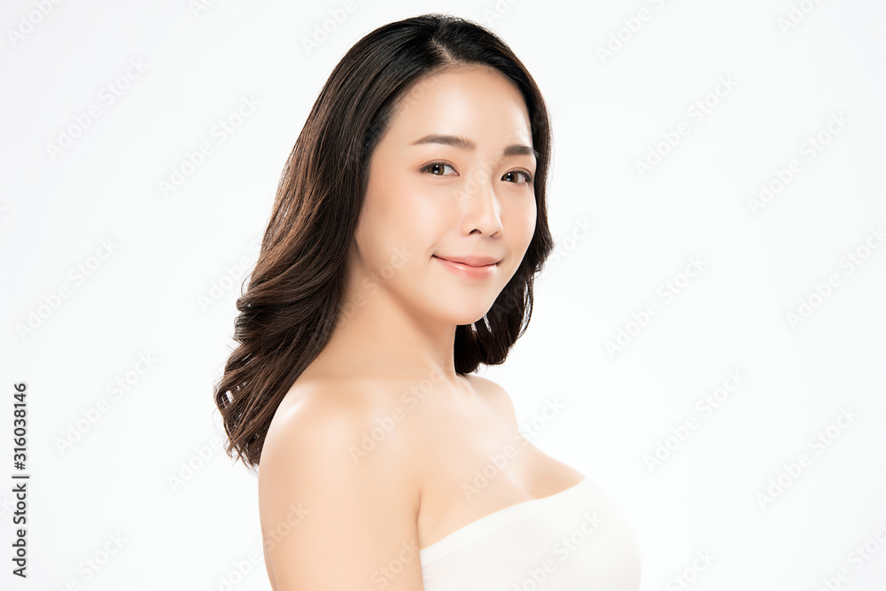 Portrait beautiful young asian woman clean fresh bare skin concept. Asian girl beauty face skincare and health wellness, Facial treatment, Perfect skin, Natural make up, on white background Portrait beautiful young asian woman clean fresh bare skin concept. Asian girl beauty face skincare and health wellness, Facial treatment, Perfect skin, Natural make up, on white background