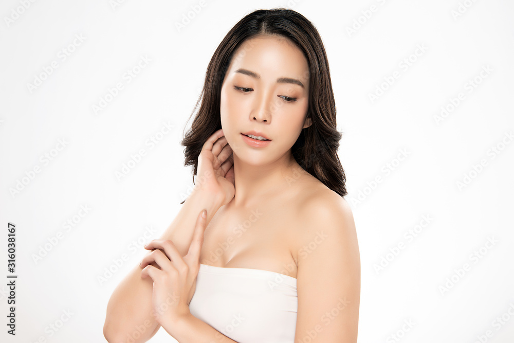 Portrait beautiful young asian woman clean fresh bare skin concept. Asian girl beauty face skincare and health wellness, Facial treatment, Perfect skin, Natural make up, on white background Portrait beautiful young asian woman clean fresh bare skin concept. Asian girl beauty face skincare and health wellness, Facial treatment, Perfect skin, Natural make up, on white background