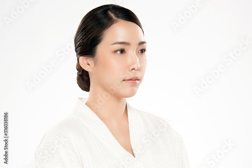 Portrait beautiful young asian woman clean fresh bare skin concept. Asian girl beauty face skincare and health wellness, Facial treatment, Perfect skin, Natural make up, on white background © kitthanes