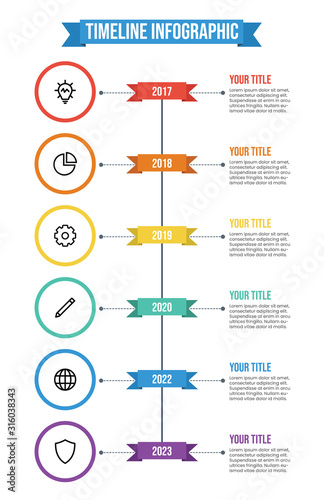 Data visualization, vertical timeline infographic template vector with 6 points of years, titles, descriptions, and icons. business company milestones template. annual report.
