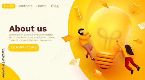 3d Business People with Big Light Bulb Idea. Innovation, Brainstorming, Creativity Concept. Website Landing page.