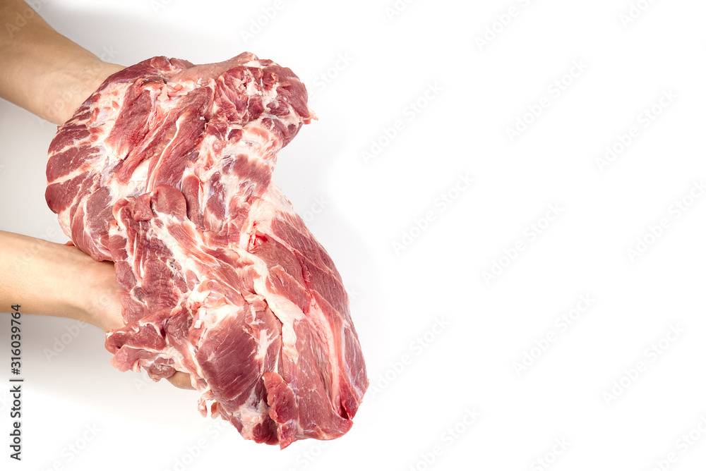 Hand holding big piece of raw pork neck, isolated on white with copy space