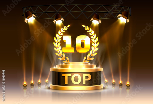 Top 10 best podium award sign, golden object.