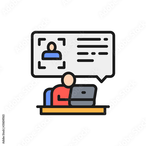 Man at computer reads a resume, id verification flat color line icon.