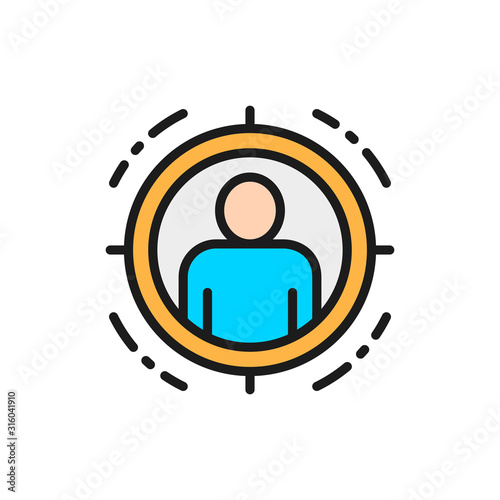 Man in target scope, identity check flat color line icon.