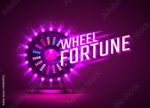 Casino neon colorful fortune wheel. purple background.
