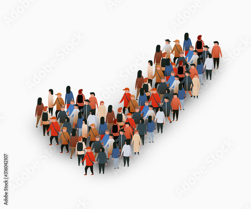 Large group of people in the shape of a check mark on a white background. Yes concept.