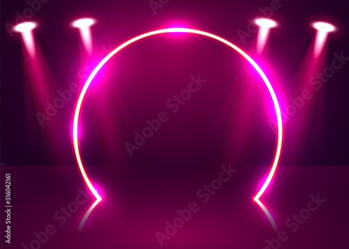 Neon show light podium futuristic background. Vector