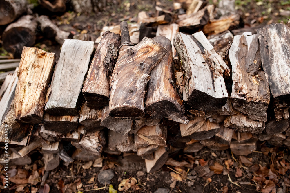 Firewood for household needs in rural areas. Burning firewood in the fireplace close up Firewood for household needs in rural areas. Burning firewood in the fireplace close up