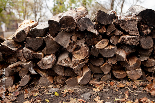 Firewood for household needs in rural areas. Burning firewood in the fireplace close up