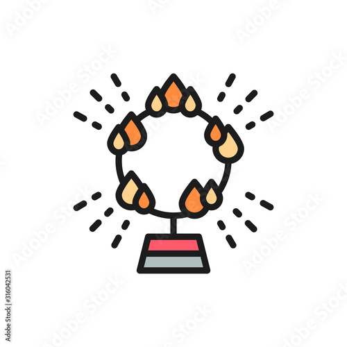Fire circle, ring of flame, circus arena flat color line icon.