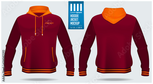Hoodie jacket mockup template design for soccer, football, baseball, basketball, sports team or university. Front view, back view for jacket uniform. Vector Illustration.  