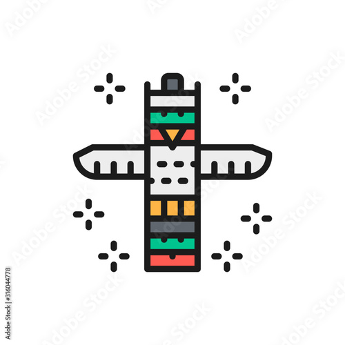 Traditional animal totem pole, native indian totem flat color line icon.