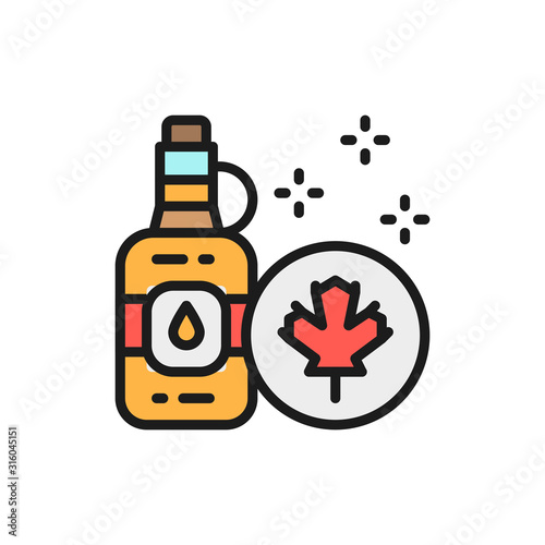 Vector bottle of maple syrup flat color line icon.