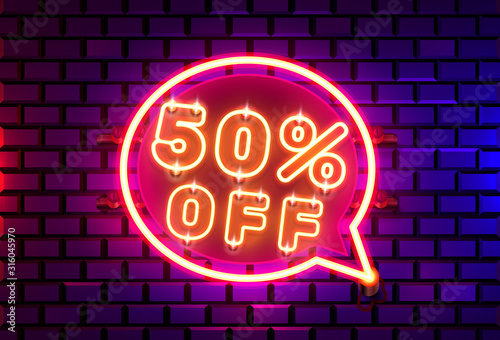 Neon chat frame 50 off text banner. Night Sign board.