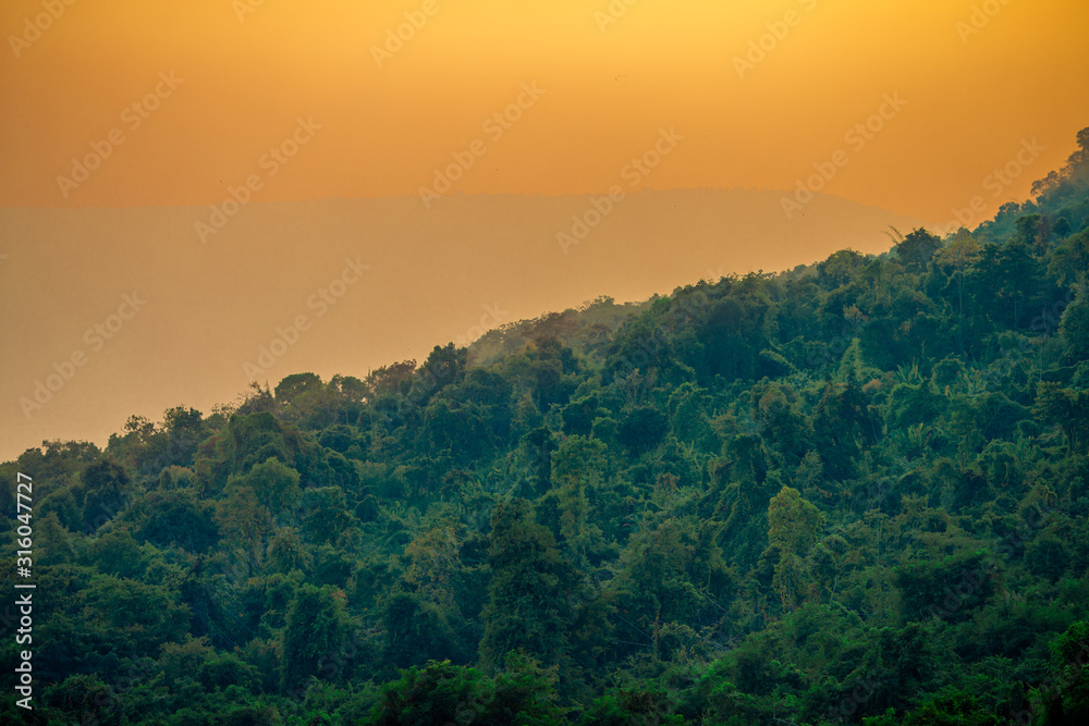 abstract background of nature,a high angle that can see the scenery around (trees,meadows,mountains, the light of the twilight in the evening) and the wind blowing through the large mountains