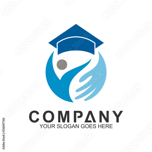 education care logo, people with hand and graduation cap, science and knowledge, smart icon, creativity vector logo