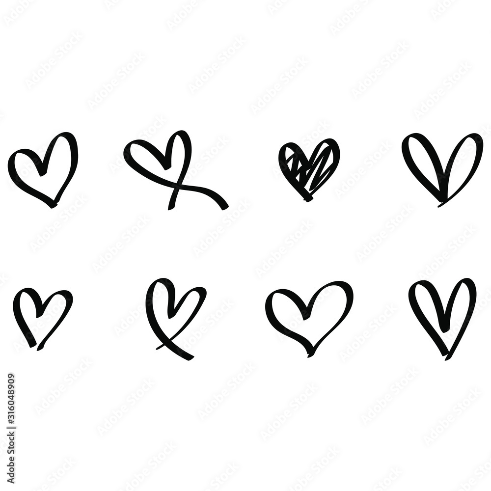 Black heart collection icon, love symbol, isolated on white, vector