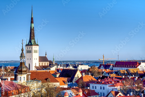 Overview of old city, Tallinn in Estonia taken from the overlook in Toompea showing the town walls and churches. HDR shoot