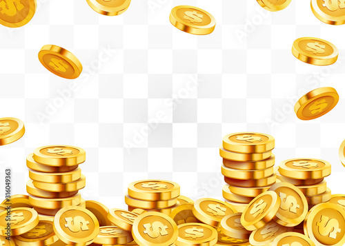 Falling coins, falling money, flying gold coins, golden rain. Jackpot or success concept. Modern background.